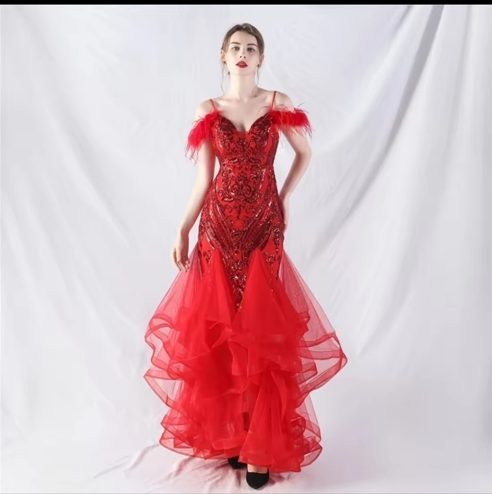 Red, Abstract Print,  V Neck, Ostrich Feather,  Sequined Mermaid Gown
